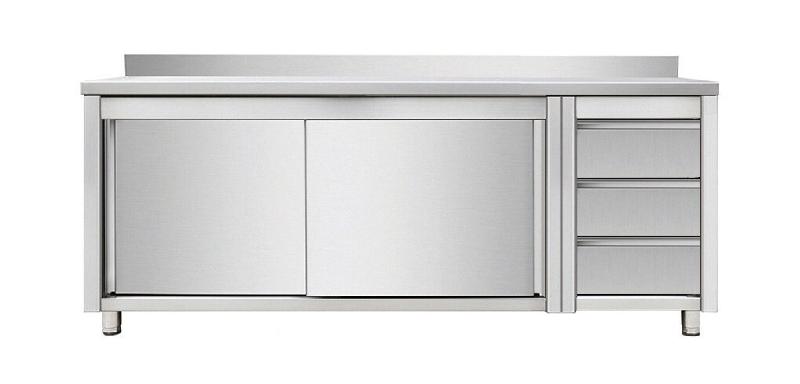 Skyrainbow Armoire de travail avec portes coulissantes et bloc de tiroirs à droite, avec rebord, 2000 x 700 - inox THASR207R3A_0