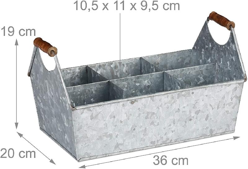 Caisse en zinc avec 6 compartiments boîte à outils avec poignées jardinière fer zingué argentée 13_0000621
