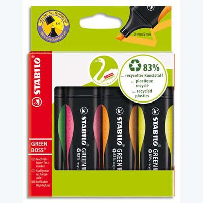 POCHETTE DE 4 SURLIGNEURS STABILO GREENBOSS - 83% DE MATIERE RECYCLEE - COLORIS ASSORTIS