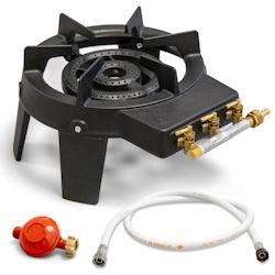 Proweltek Rechaud à gaz en Fonte véritable 9,8 KW 4 pieds 2 bruleurs + Tuyau gaz à vis 1.50m + Détendeur Propane TRIGLAV - noir fonte 3701599300324_0