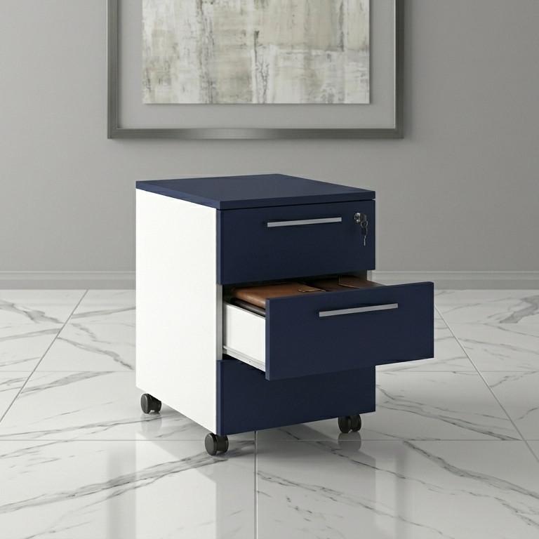 Caisson mobile 3 tiroirs blanc bicolore - Ofitres - Blanc pastel, Bleu mat - L9166_0