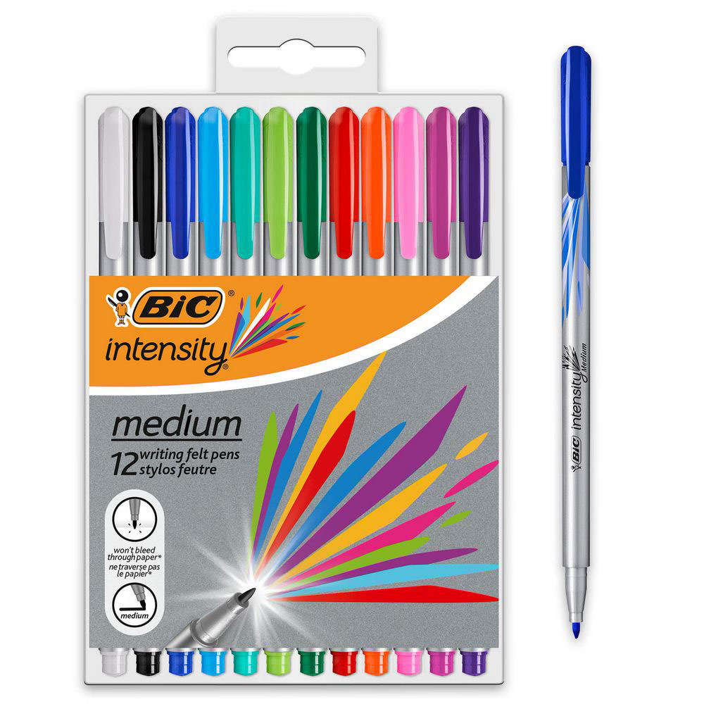 STYLOS FEUTRES BIC INTENSITY - POINTE MOYENNE 1 MM - COLORIS ASSORTIS - PACK DE 12