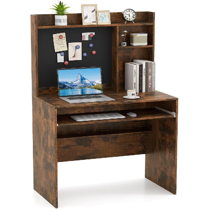 COSTWAY Bureau 89x50x138 cm avec Tableau Magnétique, avec Étagère, Plateau Clavier et Étagère Réglable - marron Bois manufacturé ON32032OR_0