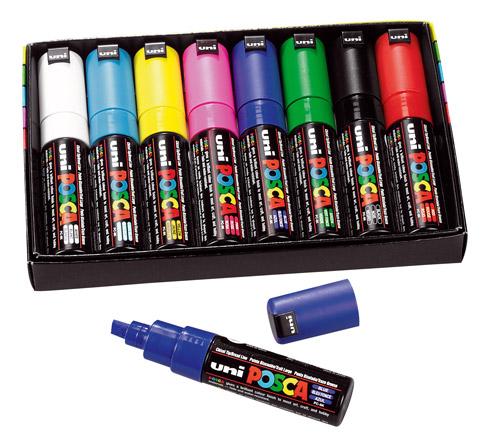 MARQUEUR POSCA PC8K COULEURS ASSORTIES POINTE BISEAUTÉE 8 MM - ETUI DE 8