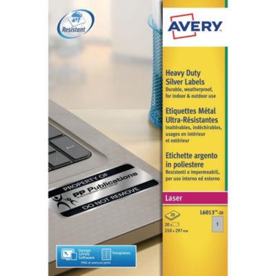 Avery L6013 Etiquettes permanentes et ultra-résistantes pour imprimantes laser noir et blanc, 210 x 297 mm, 20 feuilles, 1 étiquette par feuille, argent_0