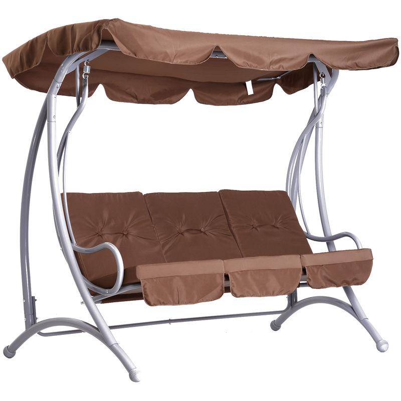 HOMCOM - BALANCELLE BALANCOIRE FAUTEUIL DE JARDIN EN ACIER 3 PLACES CHARGE MAX. 340 KG CHOCOLAT