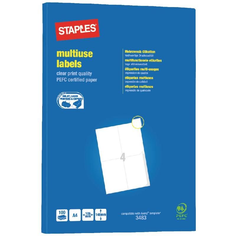 STAPLES ETIQUETTE MULTI-USAGES BLANCHE - STAPLES - 148 X 105 MM - BOÎTE DE 400 ÉTIQUETTES