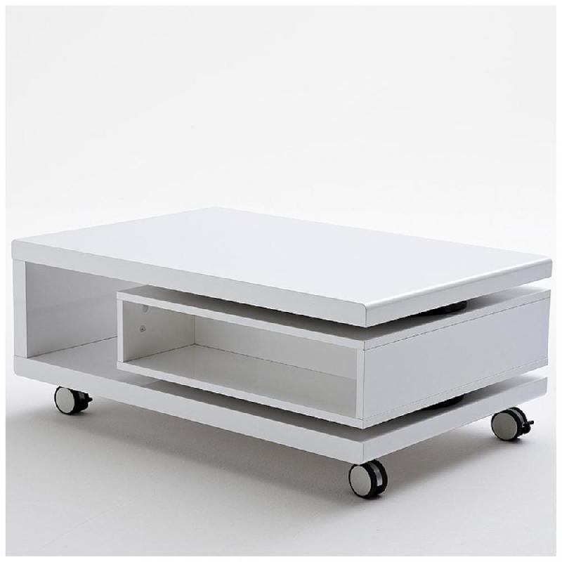 Table basse sur roulettes Angela - coloris blanc avec tiroir rotatif et compartiment ouvert_0