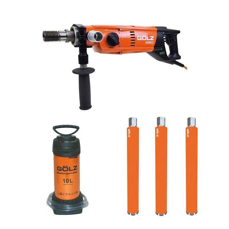 Carotteuse portable HDM22 pour carottage manuel ou sur bâti + 3 couronnes RML60 Ø 132 mm + 1 pulvérisateur 10 litres - GOLZ - HDM22+02950100043+D6406404132F_0