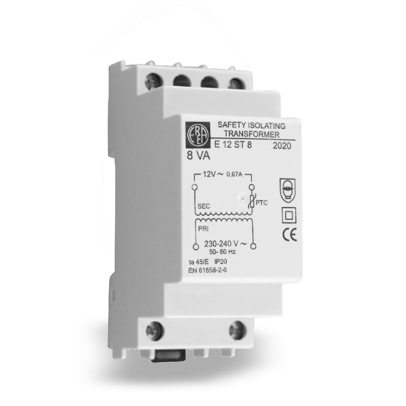E 12ST8 - Transformateur monophasé de sécurité modulaire 2 modules - 8VA - 230-240V AC / 12V AC - IP20_0