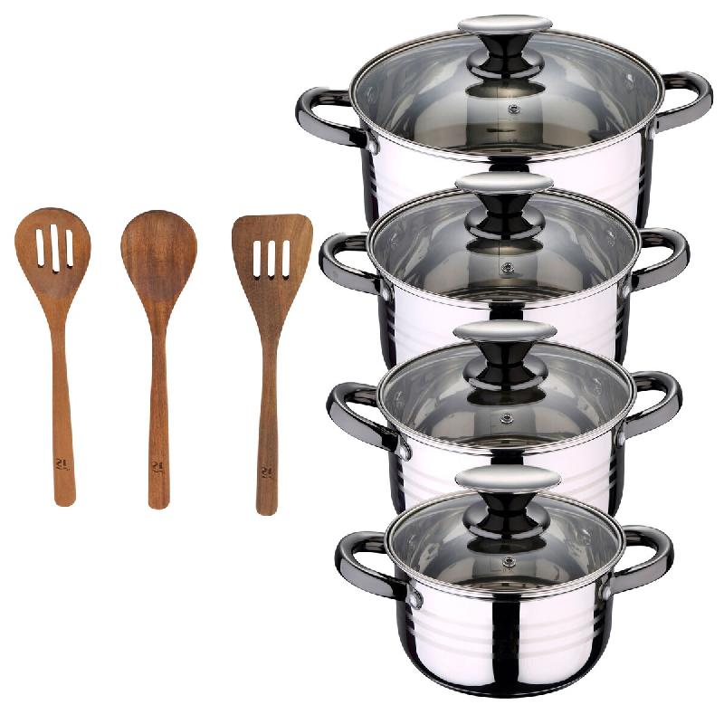BERGNER - Batterie de cuisine DINA 8 pcs 16/18/20/24cm en Acier Inoxydable compatible induction avec Set 3Pc Ustensiles de Cuisine en Bois d'Acacia -_0