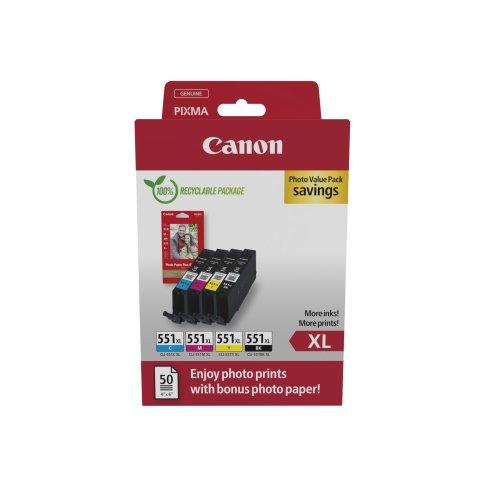 CANON CLI-551 XL PACK CARTOUCHE DE 4 COULEURS HAUTE CAPACITÉ POUR IMPRIMANTE JET D'ENCRE + 1 PAQUET DE PAPIER PHOTO 10 X 15 CM - CARTOUCHE AUTHENTIQUE