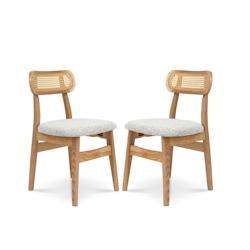 Kosmi - Lot de 2 chaises en bois massif avec dossier en cannage rotin et assise en tissu chiné gris_0