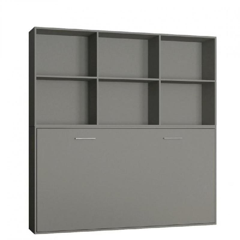 Lit escamotable STRADA-V2 gris mat - couchage 90x200 cm avec surmeuble 6 niches de rangement intégré_0