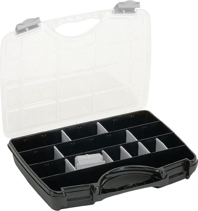 Mallette de rangement en plastique - L.312 x P.238 x H.51 mm - 25 compartiments maximum - 21 cloisons de séparation libres - Transparent et noir - RAACO_0