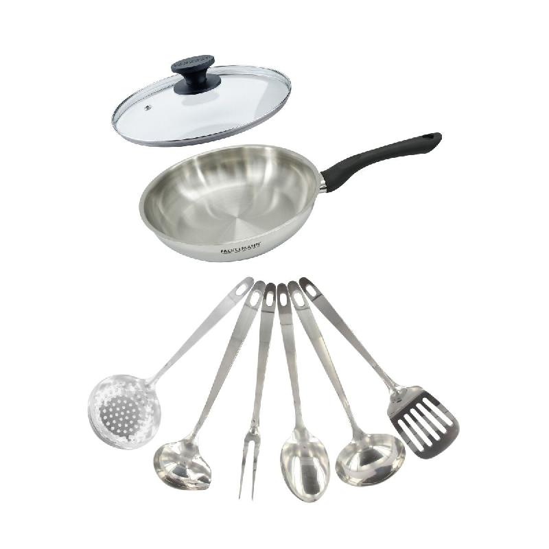 Set poêle 24 cm en inox, couvercle verre et 6 ustensiles inox Fackelmann Geneva - Acier inoxydable 18/10 3176239944549_0
