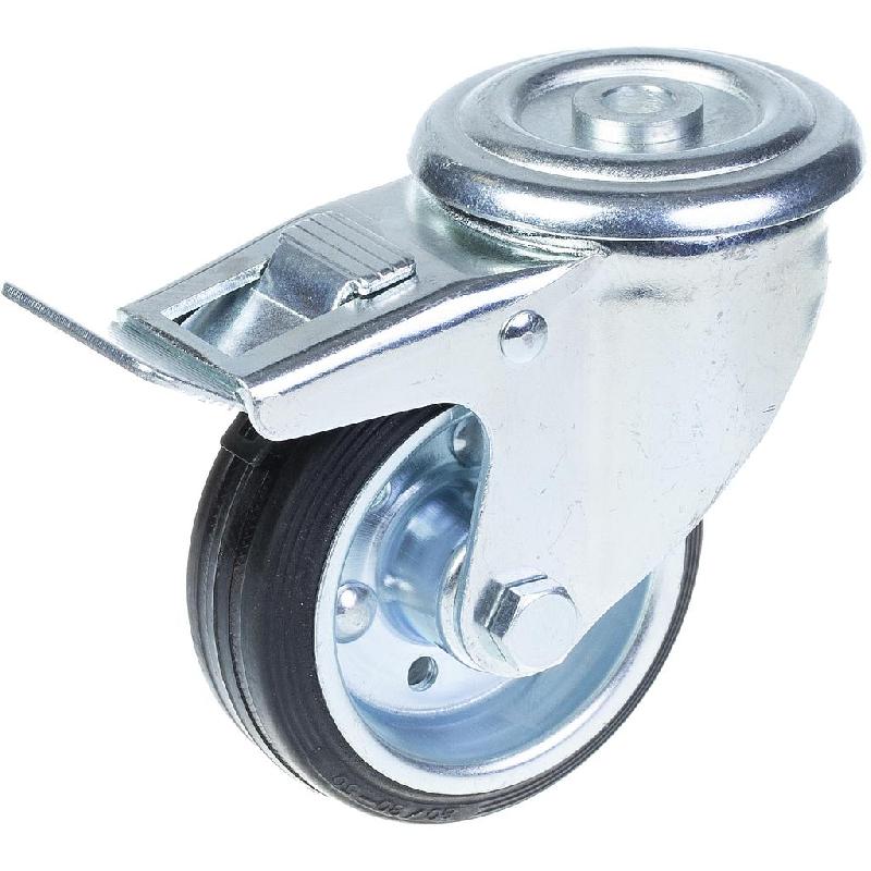 Roulette pivotante/frein de 80 mm en caoutchouc noir sur roue centrale en acier embouti_0