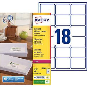 Avery LR7161 Etiquettes adresses recyclées blanches 63,5 x 46,6 mm pour imprimante laser - 100 feuilles A4 - 1800 étiquettes par boîte_0