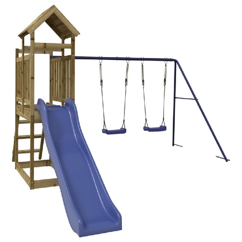 Aire de jeux d'extérieur en bois de pin imprégné - Balançoires, toboggan, portiques robustes - Dimensions 313 x 379 x 214 cm - Réf : 02_0004737_0