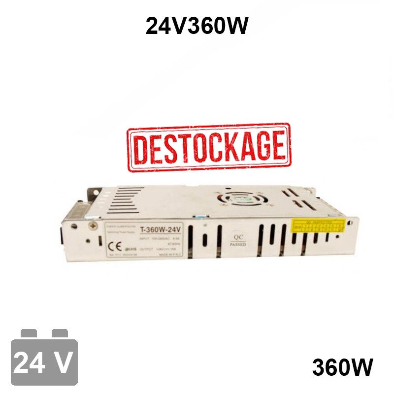 Alimentation 24V continu - 360W - 15A - IP20 - Référence 24V360W - Structure en aluminium - Certifications CE et ROHS_0