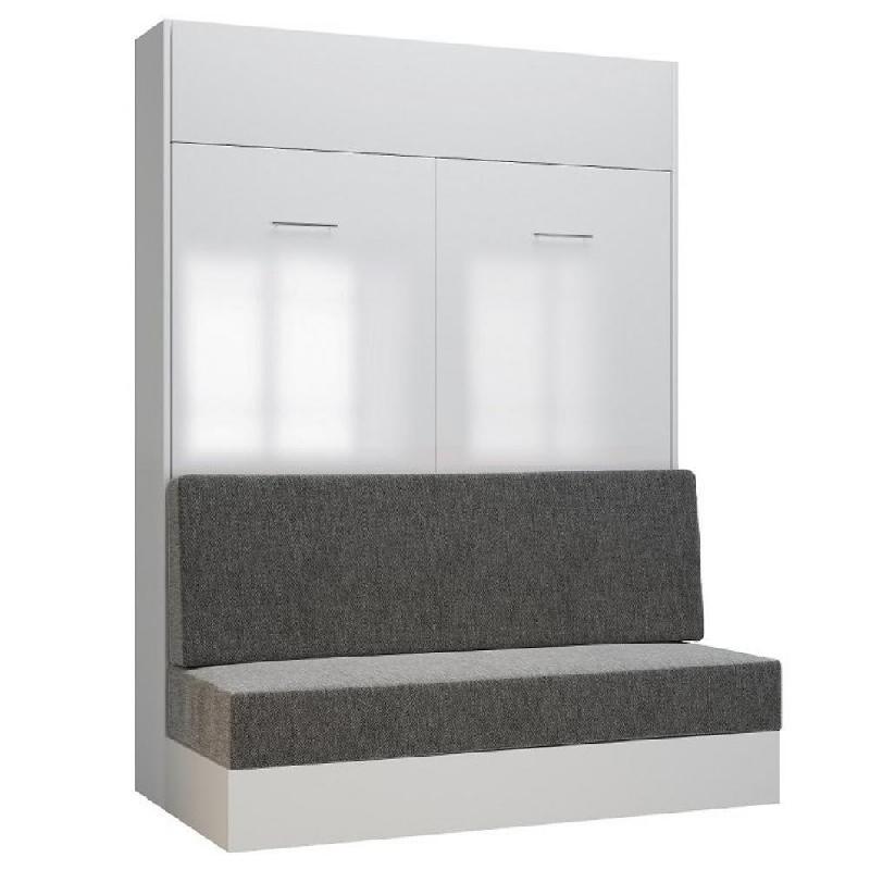 Armoire lit escamotable Dynamo Sofa - façade blanc brillant effet miroir - canapé gris - couchage 140x200 cm_0