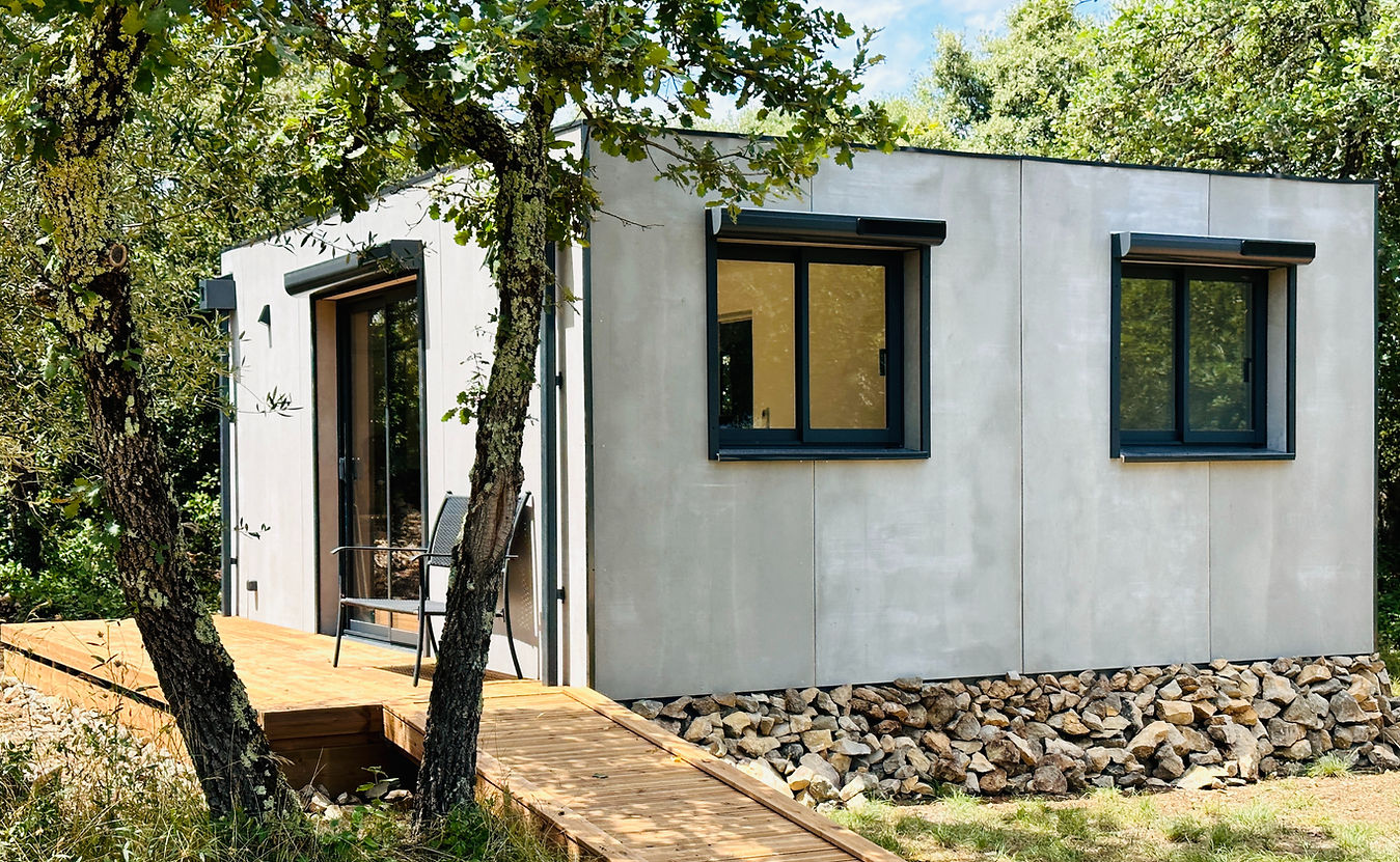 Container aménagé habitable et modulable - LE TWIN - 30m² avec bardage en Viroc imitation béton_0