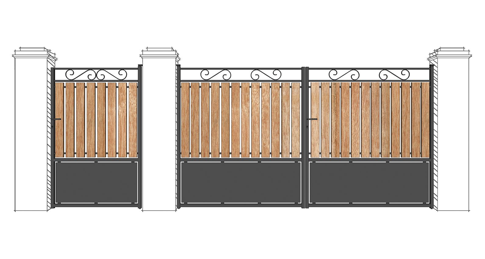 Portail Sardaigne - Volutes Hautes - Ossature Tube 35x35x2 - Remplissage Lattes Méranti_0