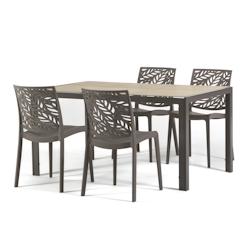 RATTATAN Ensemble salle a manger aluminium taupe avec 4 chaises en polypropylène taupe empilables et plateau effet bois – MILO+DAFNE Taupe/Taupe/Bo_0