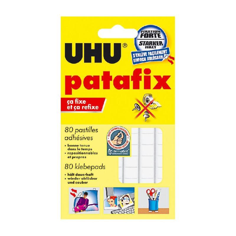 UHU PASTILLES ADHÉSIVES PATAFIX DÉTACHABLES, RÉUTILISABLES, BLANCHES, PAQUET DE 80