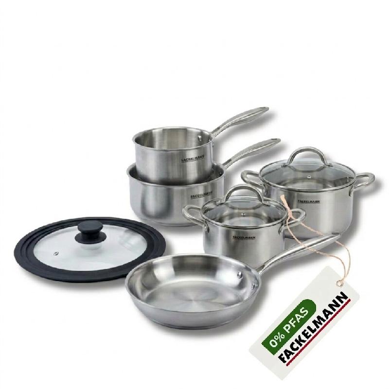 Batterie de cuisine avec 1 poêle 26 cm 3 casseroles 14/18 cm 2 faitouts 20/24 cm et 1 couvercle de cuisson universel sans PFAS Fackelmann Vita3 - gri_0