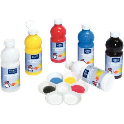 Carton de 6 flacons 500 ml - Peinture acrylique brillante GLOSSY - Couleurs vives assorties - Multi supports_0