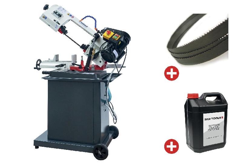 Scie à ruban mobile pour métaux -45°/+60° capacité de coupe ronde 128 mm 0,55 kW 230V 3 lames de scie et 5L d'huile de refroidissement Torros SC135G PACK_0
