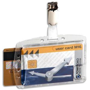 Durable - Boîte de 25 porte-badges rigides pour 2 cartes, format portrait ou paysage avec clip et encoche - Transparent_0