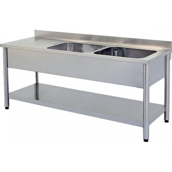 Plonge démontable sur pieds ronds avec étagère inox ferritique 2 bacs longueur 1600 mm (Position bac: Droite - Réf F-DRPL167-2BD-ETP-1)_0