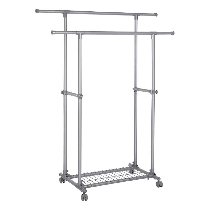 PORTANT DOUBLE BARRE PORTE-VÊTEMENTS MOBILE EXTENSIBLE ENTRE 87 À 150 CM AVEC ROULETTES ET ÉTAGÈRE DE RANGEMENT CAPACITÉ DE CHARGE 70 KG POUR MANTEAUX ÉCHARPES GRIS 12_0003488_0