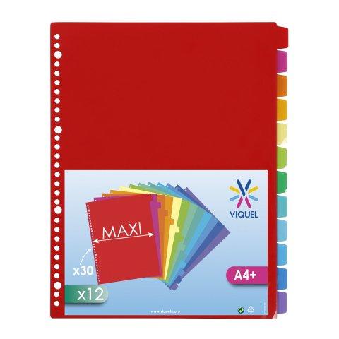 LOT DE 20 - INTERCALAIRES A4+ POLYPROPYLÈNE COLORÉ VIQUEL 12 ONGLETS NEUTRES MULTICOLORES FLUO