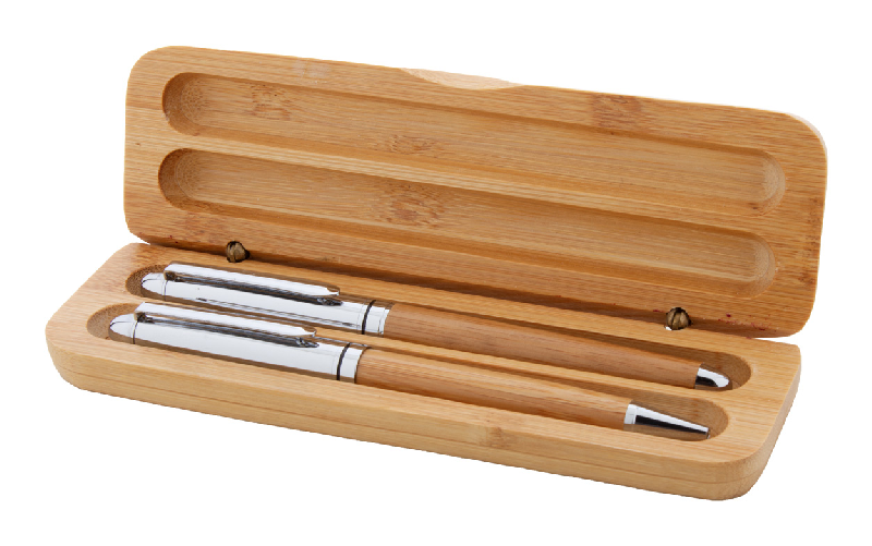 Parure stylos en bambou et métal - Stylo bille et roller avec boîte cadeau en bambou_0