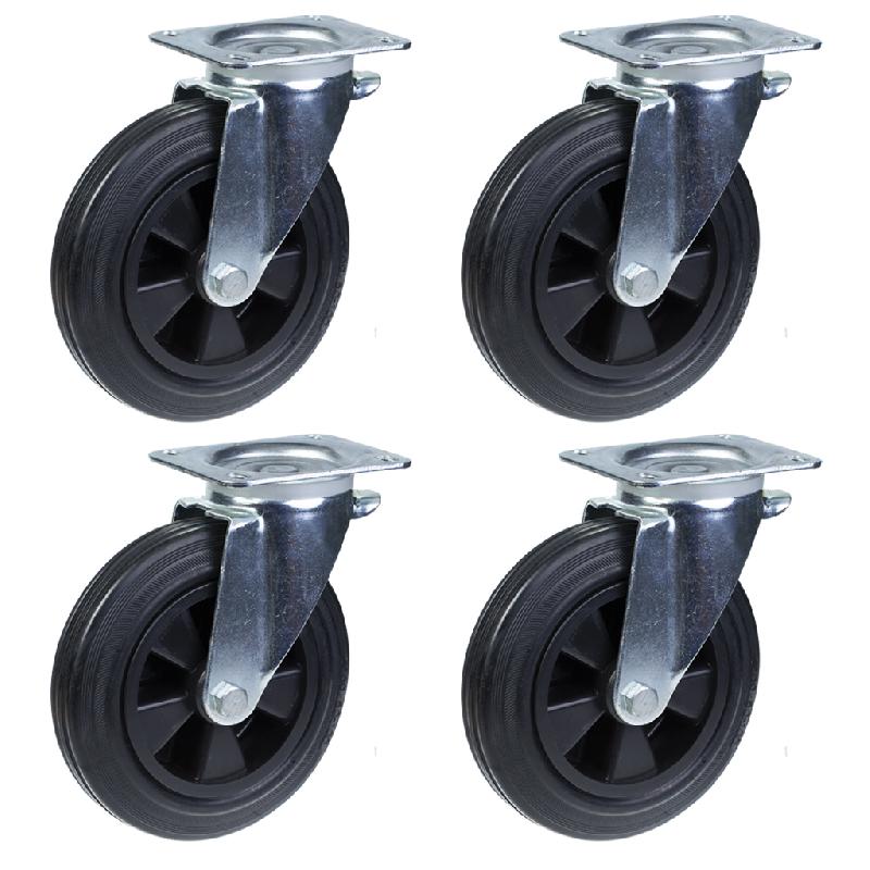 4 - 200mm Roulettes en caoutchouc noir pivotantes 200kg chacune Heavy duty 800kg par jeu_0