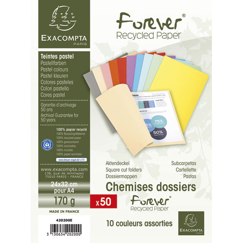 CHEMISES EXACOMPTA FOREVER - EN CARTE - 170 G - COLORIS ASSORTIS - PAQUET DE 50 CHEMISES