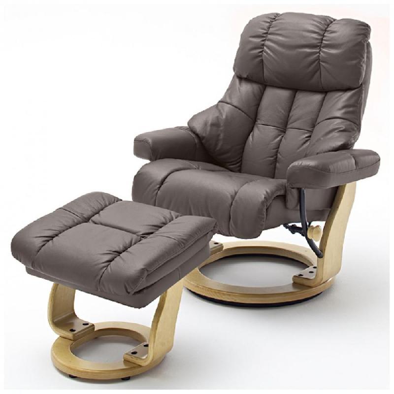 Fauteuil relax CLAIRAC XL - cuir marron, pied en bois naturel, avec repose-pied - inclinable et pivotant à 360°_0