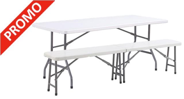 Ensemble table pliante et bancs pliants en polypropylène - Lot de 10 tables et 20 bancs - 183 cm - anti-UV et PEHD_0