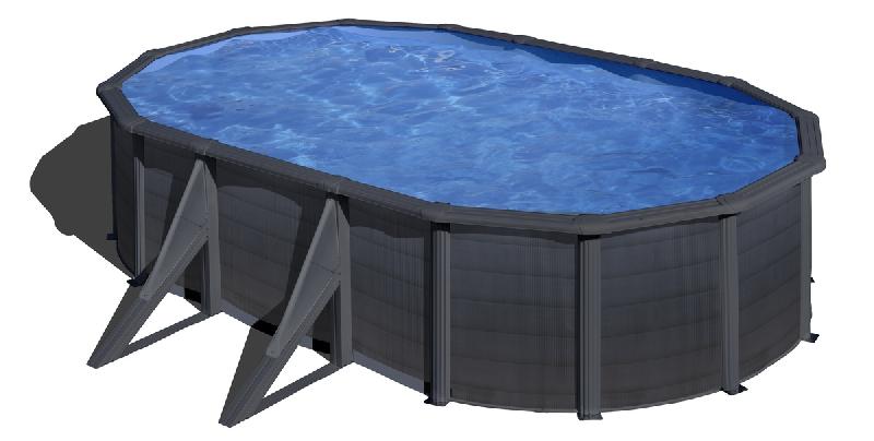 Piscine ovale acier 5,27m x 3,27m x h: 1,22m -  gris anthracite - filtration à sable - renfort apparents_0