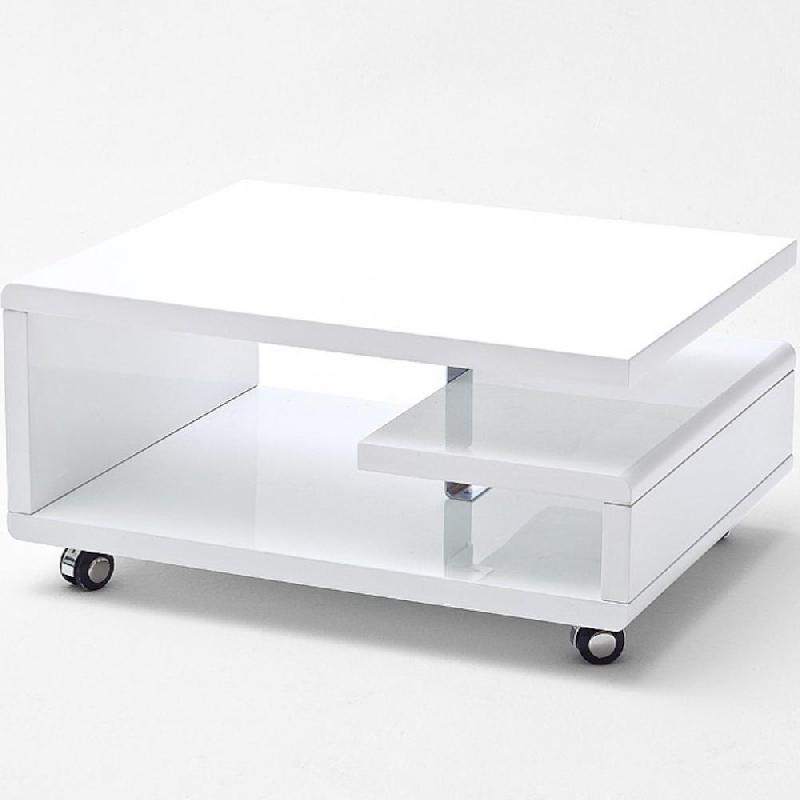 Table basse KANI - finition laquée blanc brillant - roulettes et étagère - dimensions compactes 74x60 cm_0