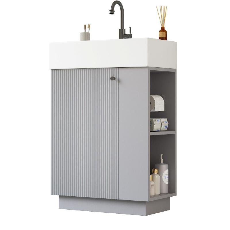 Merax meuble vasque avec vasque céramique 55 × 32 × 87 cm, meuble autoportant avec porte Soft-Close et porte-papier amovible, gris - gris multi-mat_0