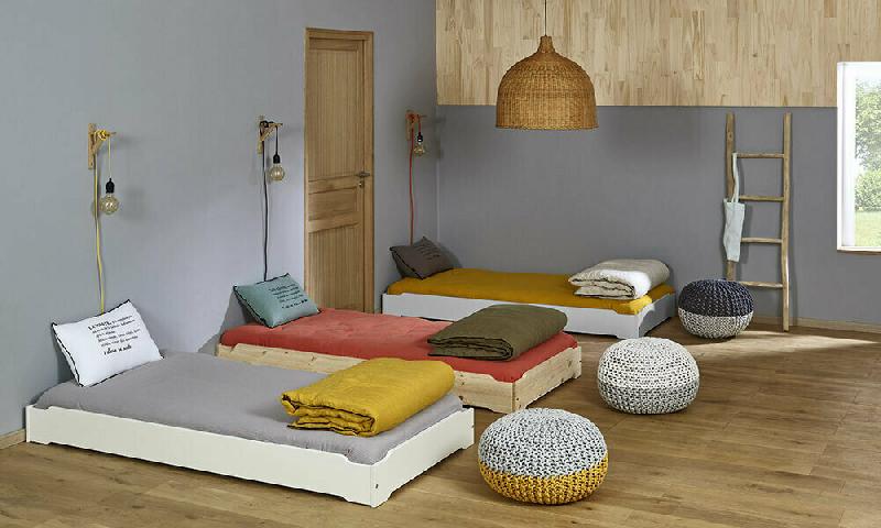 PACK LIT EMPILABLE VAKA + MATELAS  BOIS NATUREL 90X190 CM/OPT:2 LITS