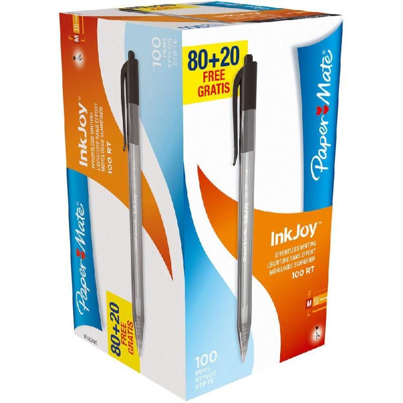 PAPER MATE STYLO BILLE À POINTE RÉTRACTABLE PAPER MATE® INKJOY™ NOIR (PACK DE 100 (80 + 20 GRATUITS))