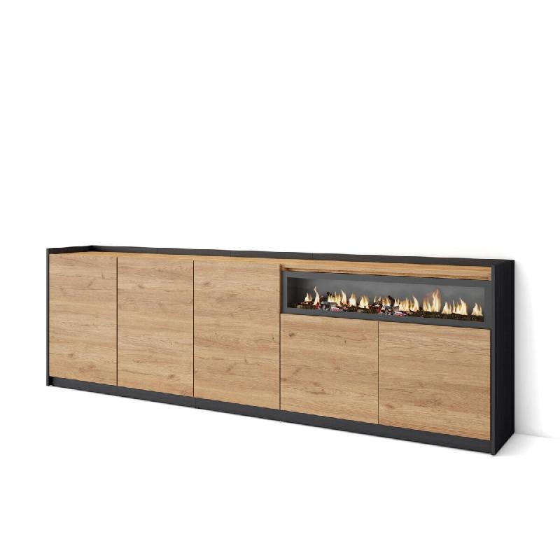 SKRAUT HOME Buffet salon et cuisine, 260x80x37 cm, 5 Portes, Cheminée électrique, Chêne et noir - beige Bois manufacturé 707_39_0