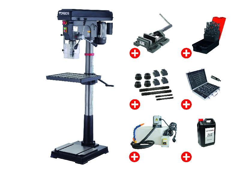 Perceuse à colonne professionnelle jusque ø 30 mm CM3 1,5 kW 400V + accessoires indispensables et unité d'arrosage Torros DF30T PACK PRO_0