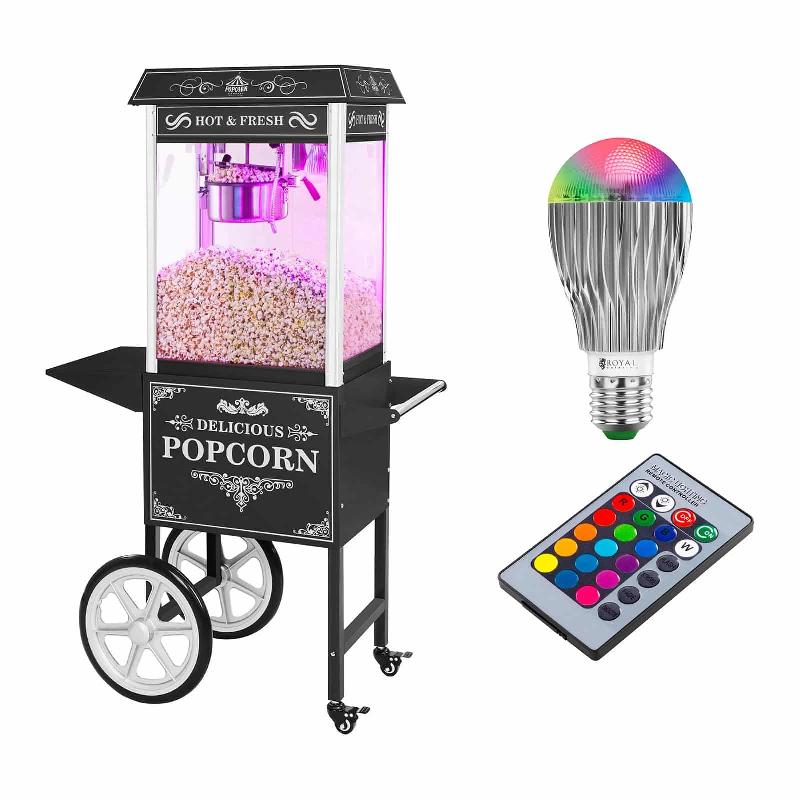 Set machine à popcorn avec chariot - Ampoule LED, allure rétro noire - Rendement 6 kg/h - Réf. 14_0004920_0