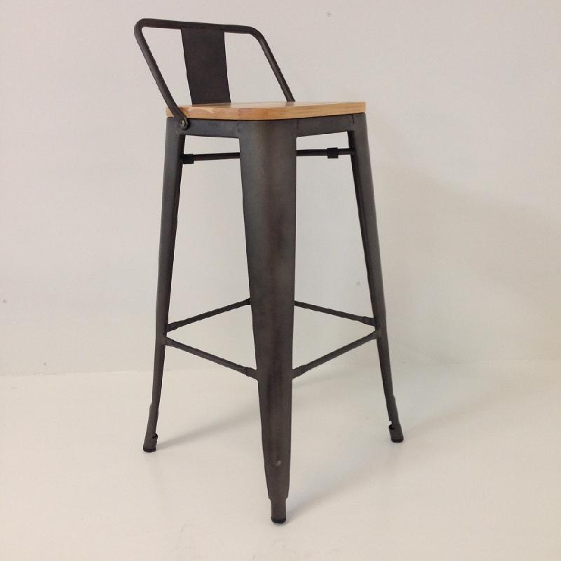 Tabouret de bar en metal factory avec dossier - antique rustic mat et assise en pin - h.Assise 76cm_0